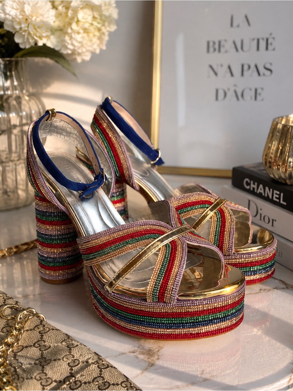 AZALEA WANG Multicolor Rhinestone Platform Heels ✨🌈